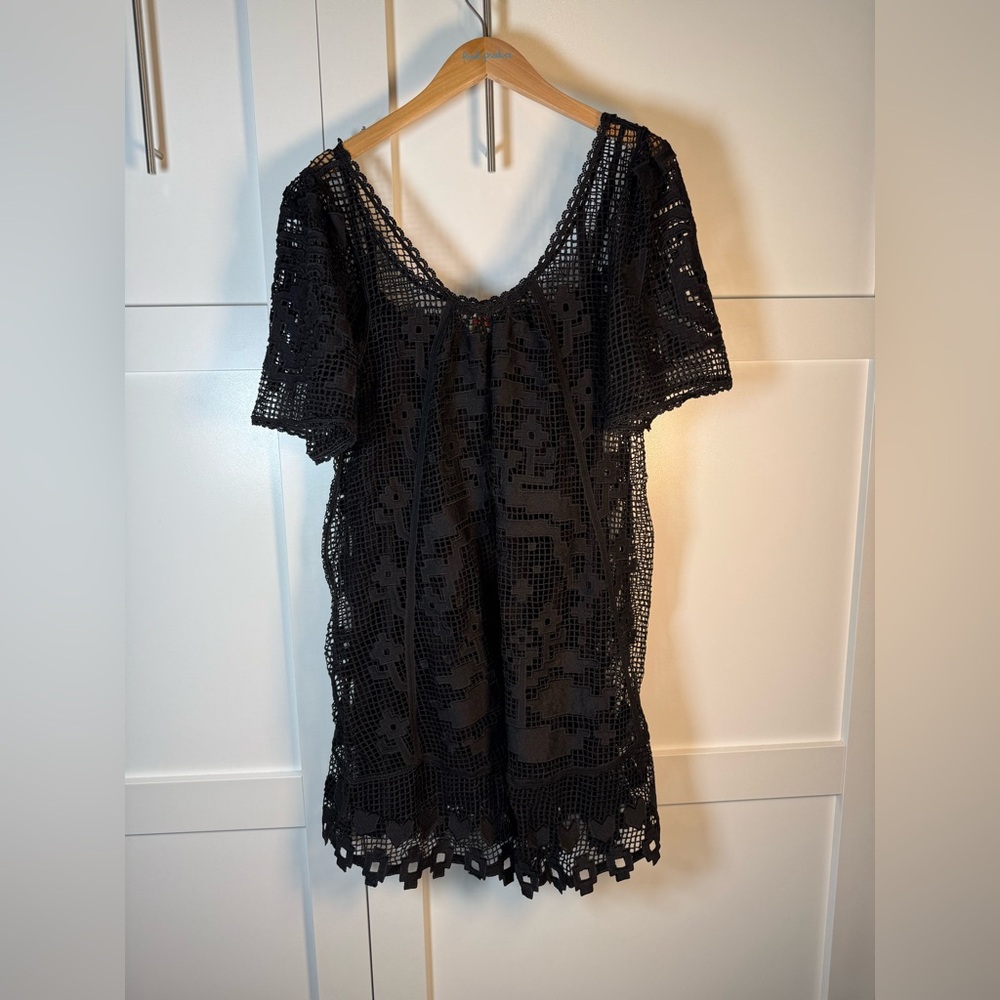 FARM Rio Black Crochet Mini Tunic Dress
